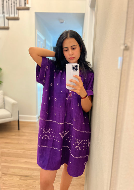 Bandhani Purple Rabari Dots Kaftan Dress(Delivery 30th NOVEMBER 2025)
