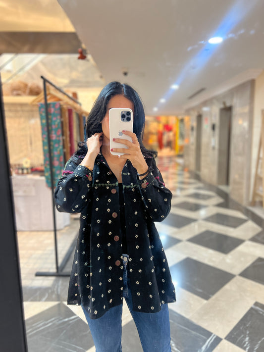 Bandhani Wool Black Boxy Shirt