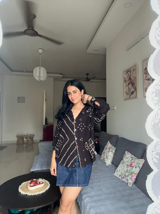 Pre-order Bandhani Rabari Tattoo Black Drop Shoulder Boxy Fit Shirt (Delivery on 30th November)