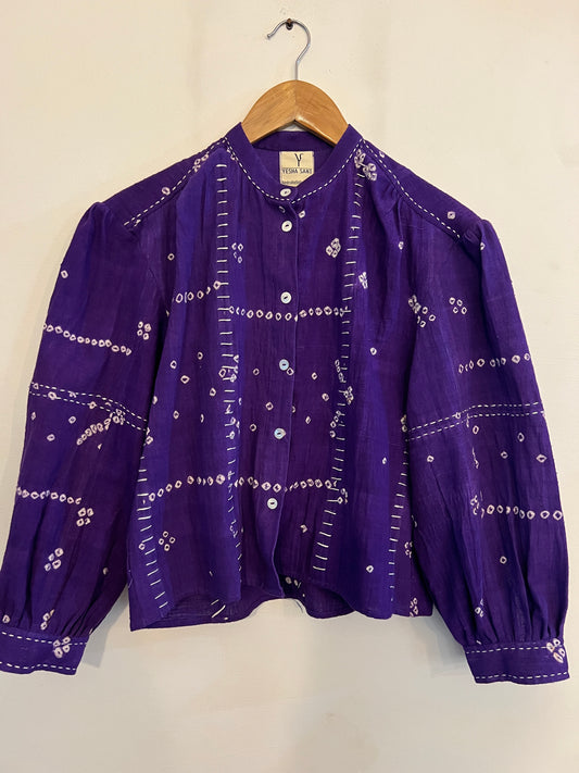 Upcycle Purple Bandhani Crop Boxy Shirt(15th DECEMBER Delivery)