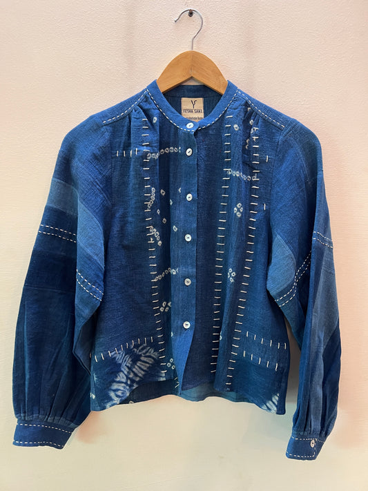 Upcycle Indigo Bandhani Crop Boxy Shirt