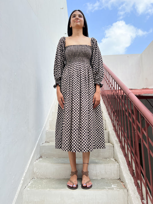 Ajrakh Checks Square Neck Dress