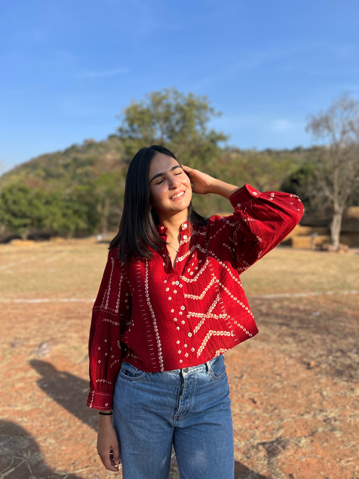 Upcycle Indigo Bandhani Crop Boxy Shirt