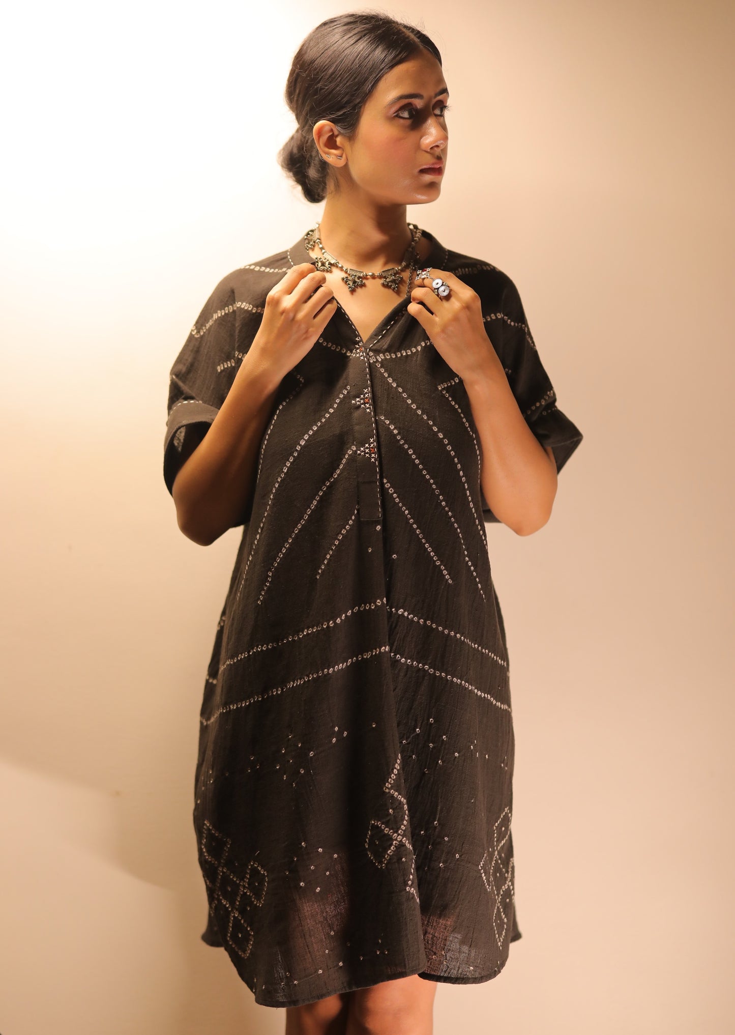 Bandhani Charcoal Kaftan Dress(Delivery 30th JULY 2025)