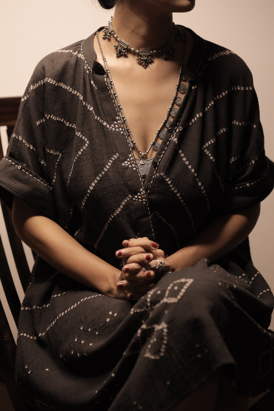 Bandhani Charcoal Kaftan Dress(Delivery 30th JULY 2025)