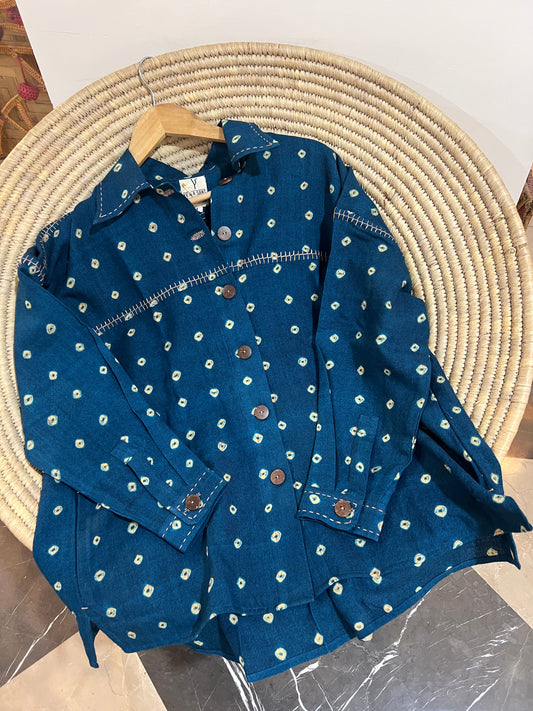 Bandhani Wool Turquoise Boxy Shirt