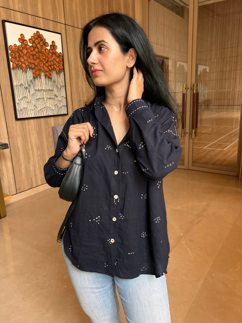 Bandhani Abstract Black Cotton Boxy Fit Shirt