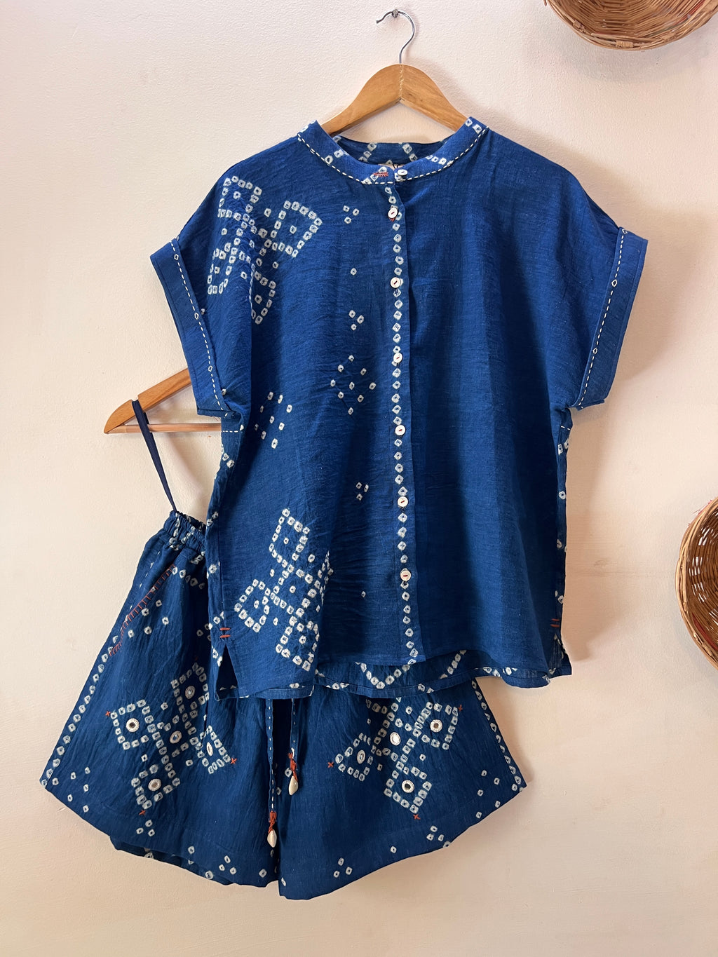 Bandhani Indigo Kaftan Top & Mirror Shorts Co-ord Set