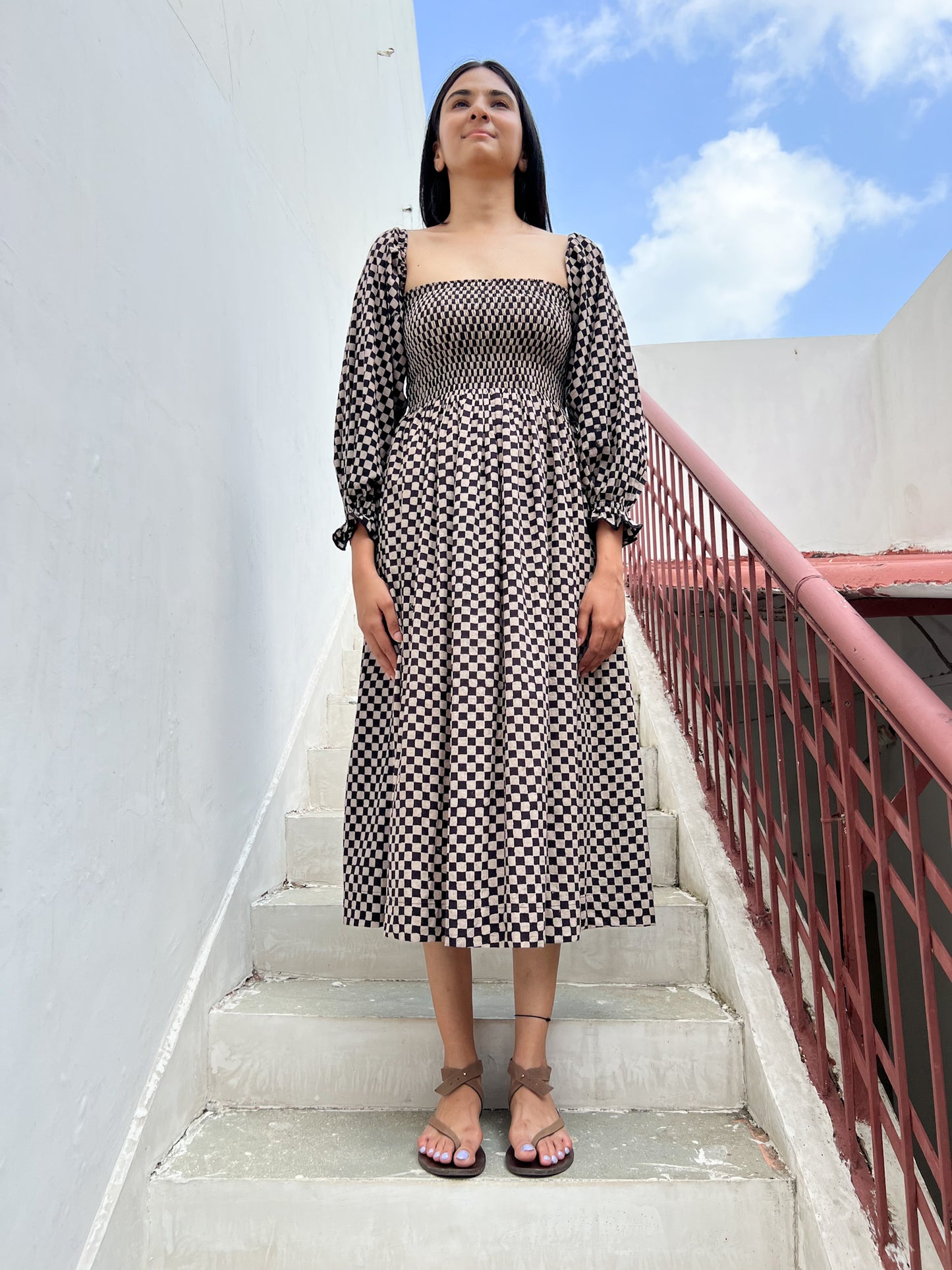 Ajrakh Checks Square Neck Dress