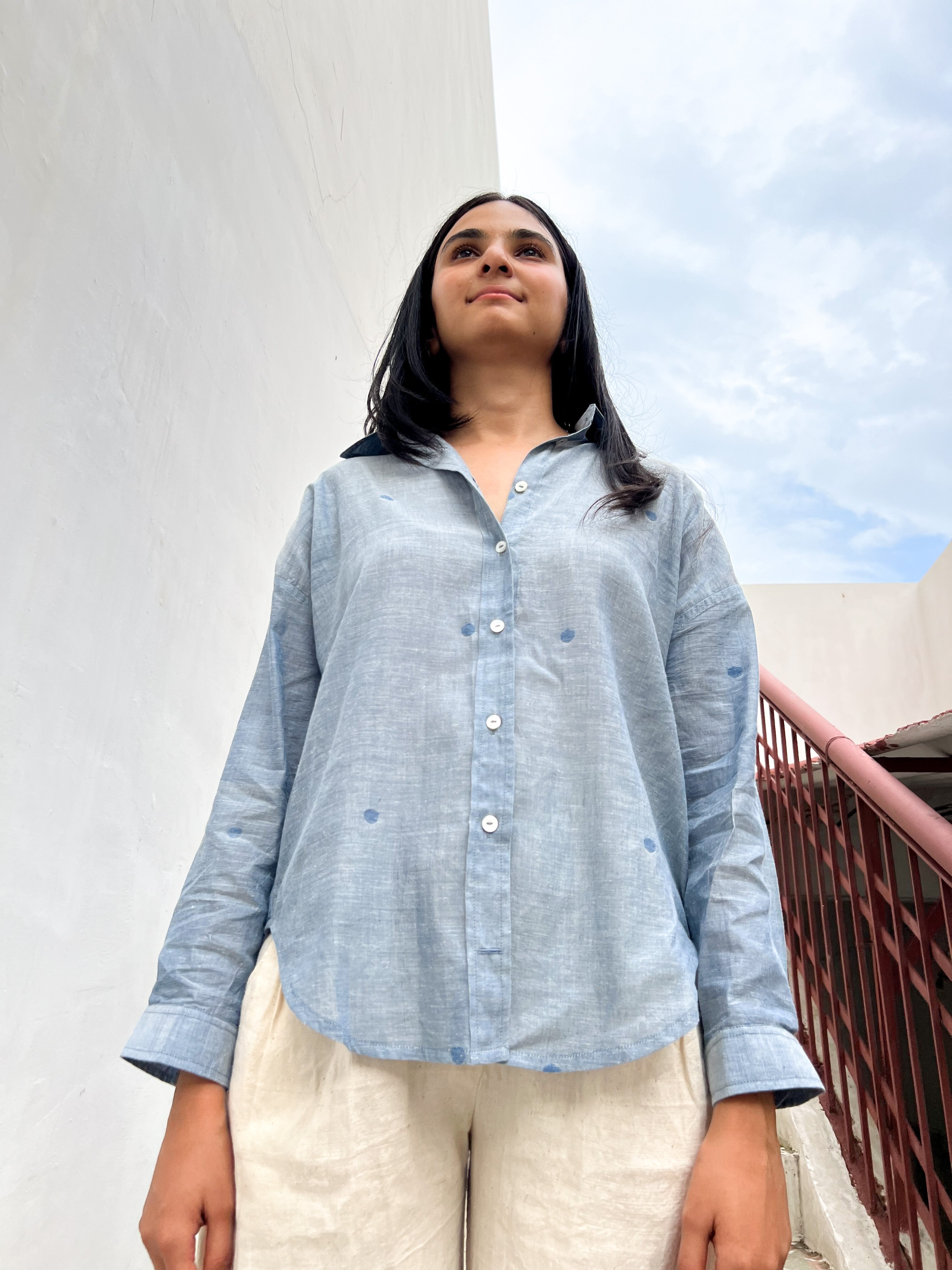 Ice blue boxy V neck jamdani dress main image 0
