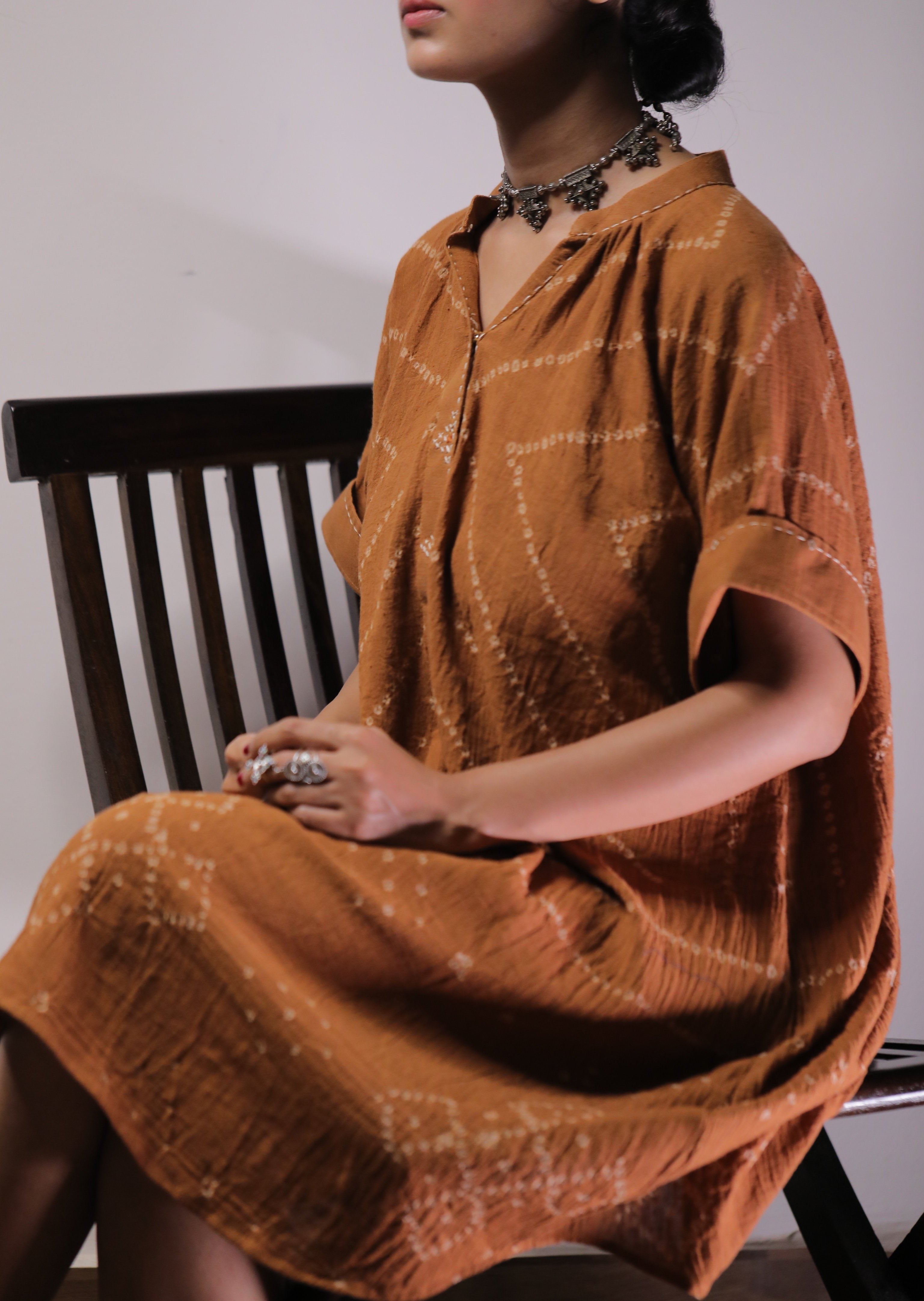 Bandhani Rust Kaftan Dress