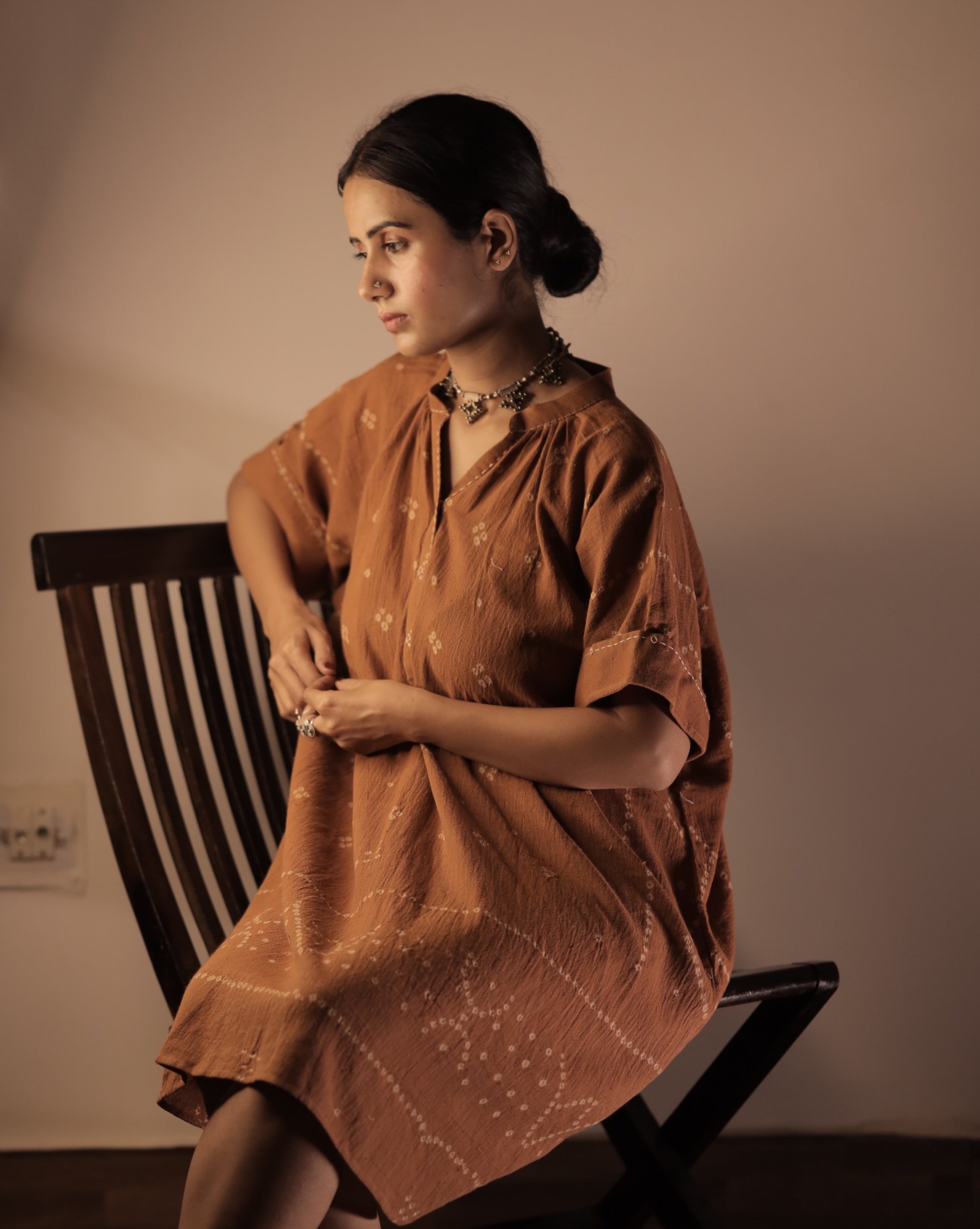 Bandhani Rabari Rust Kaftan Dress