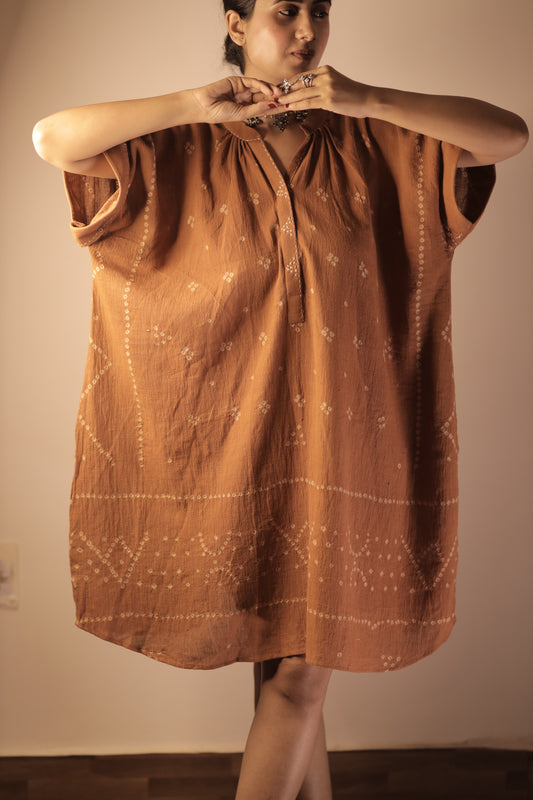 Bandhani Rabari Rust Kaftan Dress