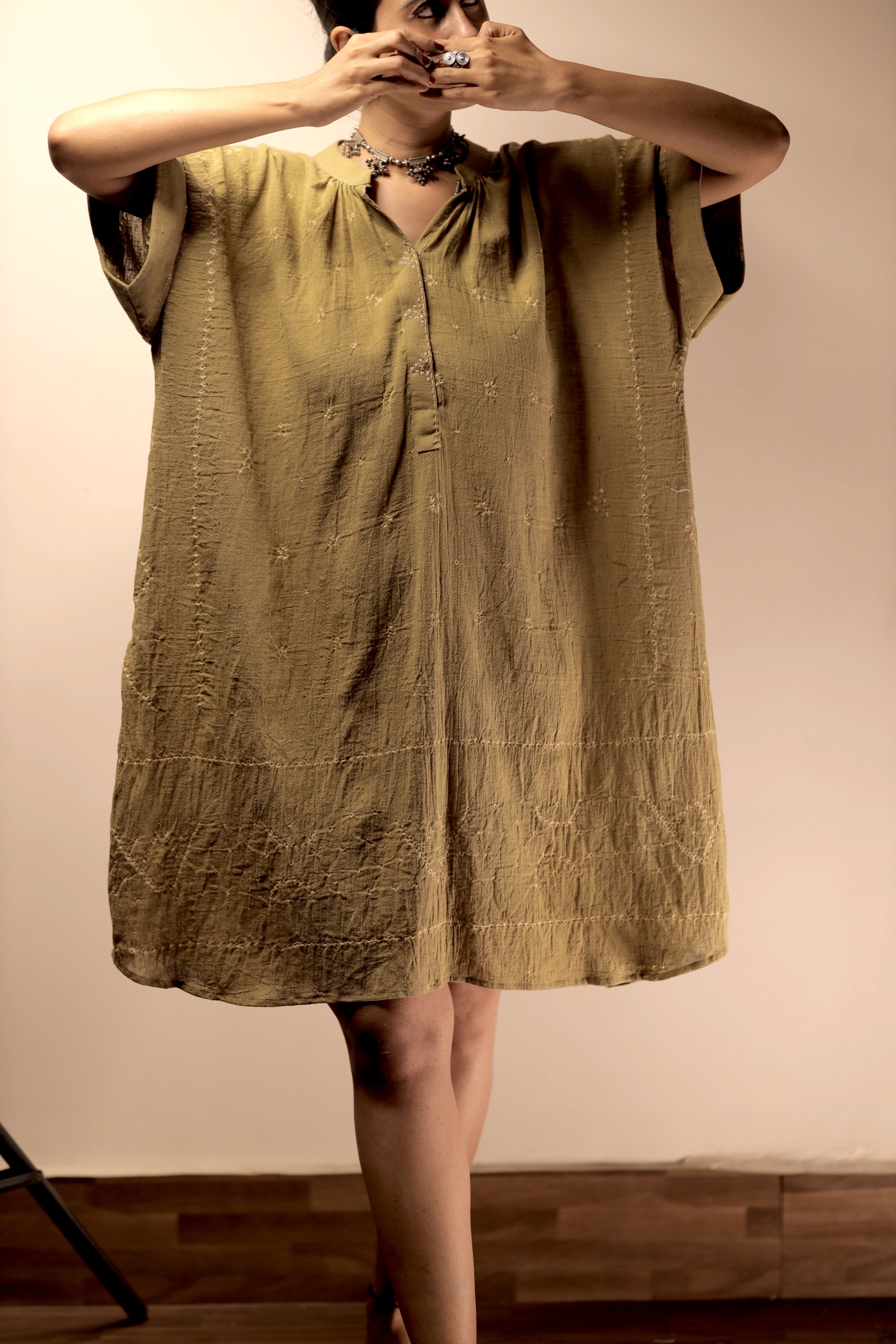 Bandhani Rabari Sage Kaftan Dress