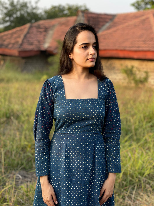 Indigo Ajrakh Square Neck Dress