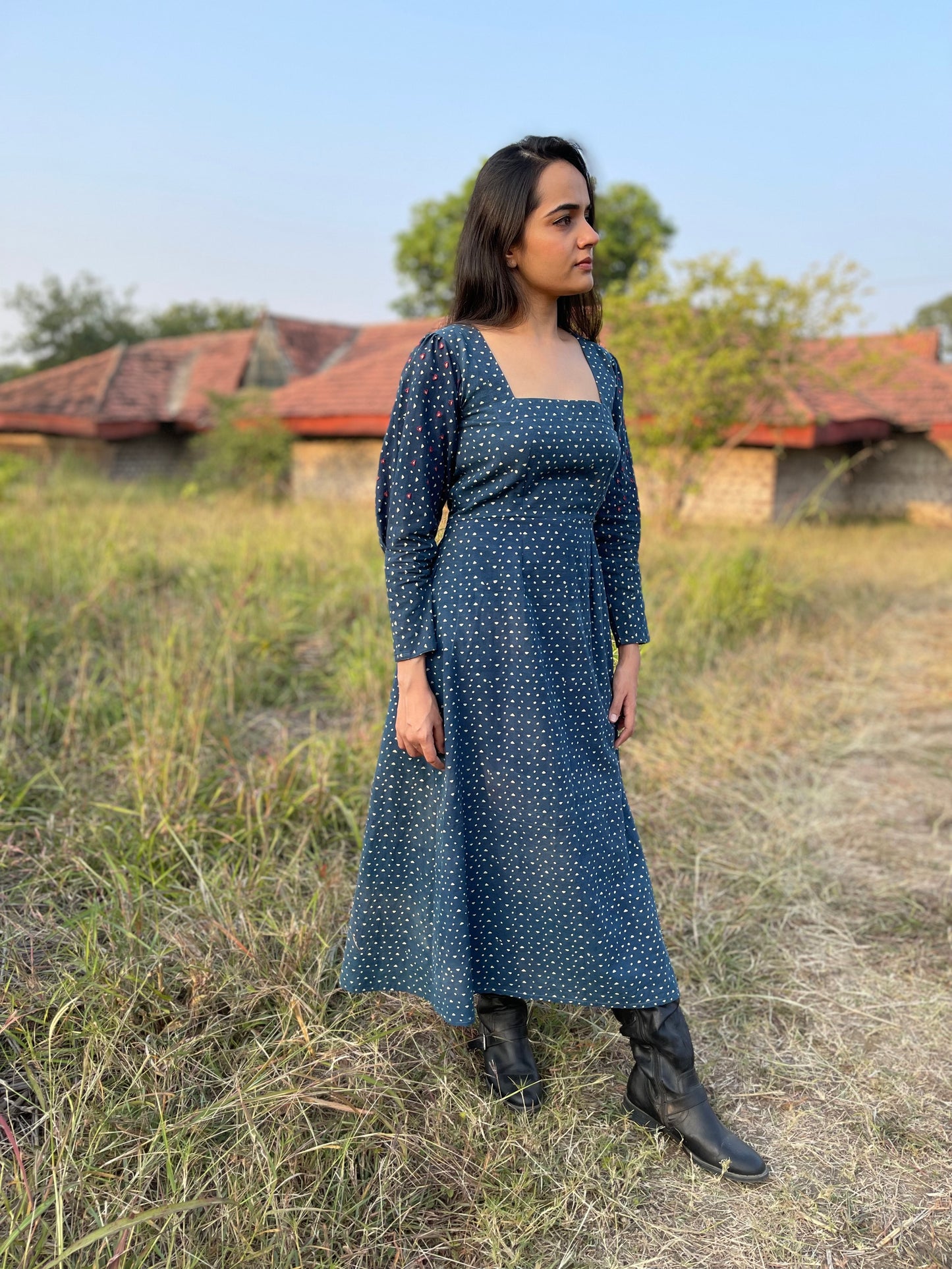 Indigo Ajrakh Square Neck Dress