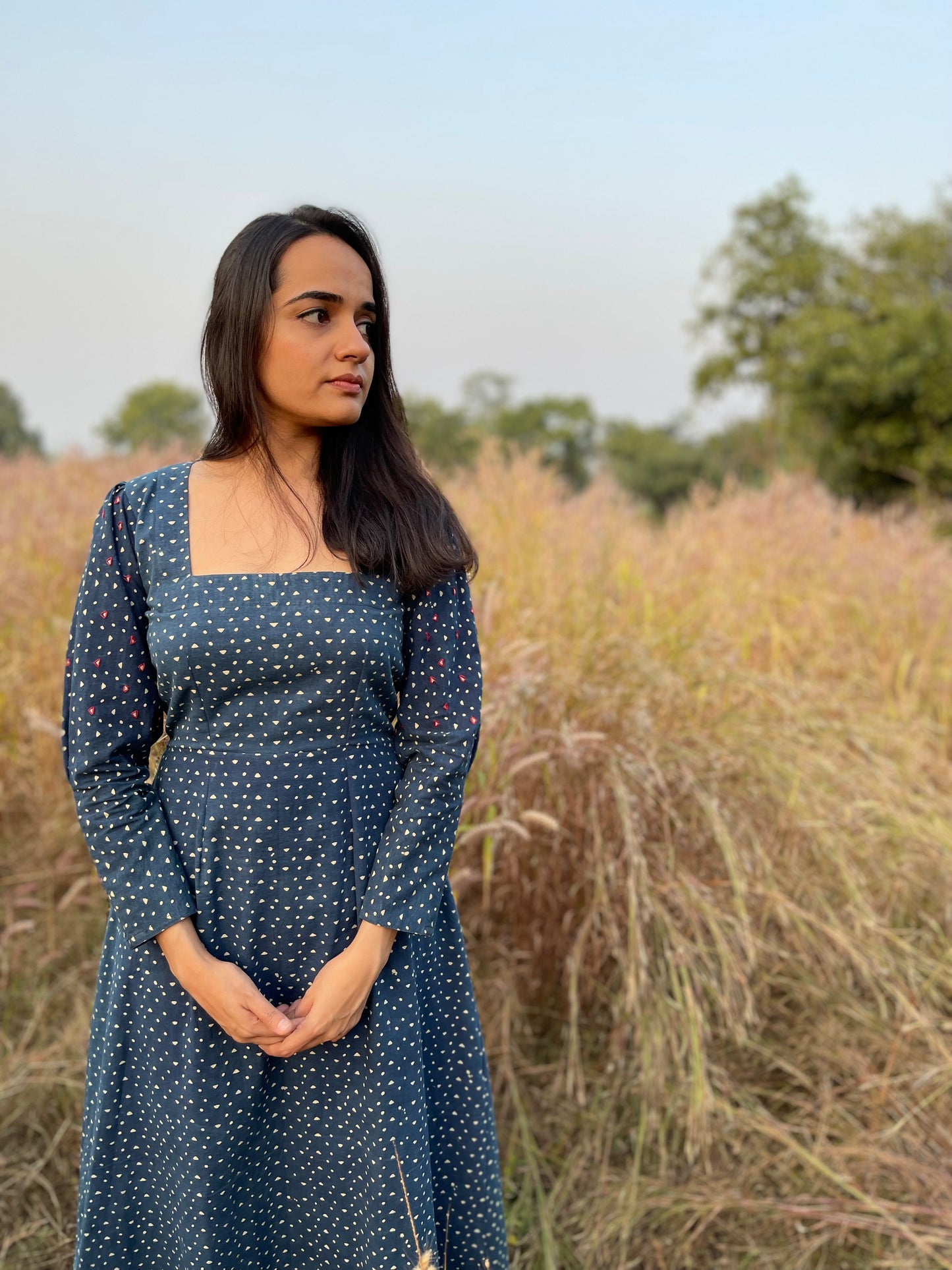 Indigo Ajrakh Square Neck Dress
